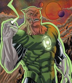 the green lantern is standing in front of an orange and black sky with lightning coming out of his chest