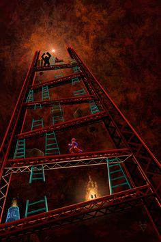 the tower is lit up with neon lights and people standing on it's sides