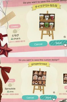 two screens showing how to make gingerbreads in animal crossing style with bows and ribbons