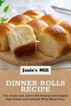 dinner rolls recipe on a wooden plate with text overlay that reads jamie's mill