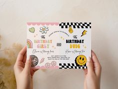 a person holding up a birthday card with cartoon characters on it and the words happy birthday