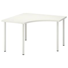 a white table with two legs and a curved top, viewed from the front angle