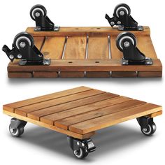 two wooden pallets with black wheels and one is on the bottom, while another has four