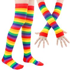 Warm Halloween Costumes, Warm Halloween, Halloween Rainbow, Striped Thigh High Socks, Rainbow Accessories, Womens Knee High Socks, Rainbow Socks, Gloves Design