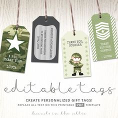 Adorn your presents and army party favors with these DIY gift tags. Tie them around party favors, attach them to gifts, or print them on self-adhesive paper to use as stickers.  With this editable template, you can personalize your gift tags with your own message and print them out beautifully. Its simple to do-it-yourself: Download, Edit, and Print!  In addition, you may use these as supplies for journaling and scrapbooking projects. INSTANT DOWNLOAD ★ This is a digital instant download and ... Army Theme Party, Printable Gift Labels, Army Theme, Diy Gift Tags, Camo Party, Army Birthday, Army's Birthday, Army Party, Green Decoration