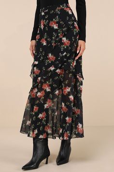 The Lulus Marvelously Charming Black Floral Ruffled High-Rise Maxi Skirt will quickly make its way into your weekly favorites rotation! Airy woven chiffon boasts a darling floral print throughout as it shapes a high, banded waist and a sleek, column-like silhouette. Asymmetrical ruffle trim at the front and back lends a whimsical touch, while a flared, slightly sheer maxi hem completes the look. Hidden back zipper/clasp. Fit: This garment fits true to size. Length: Ankle length. Size medium meas Spring Black Maxi Skirt With Ruffle Hem, Flowy Chiffon Maxi Skirt With Ruffles, Chic Chiffon Tiered Skirt Bottoms, Chiffon Tiered Maxi Skirt With Floral Print, Chic Tiered Chiffon Skirt, Chic Chiffon Tiered Skirt, Floral Print Chiffon Skirt, Floral Chiffon Tiered Maxi Skirt, Flowy Chiffon Skirt With Ruffles