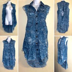 New With Tag Distressed High Low Denim Shirt Distressed With Paint Swirls Lightweight Front Button Closure Pointed Collar Sleeveless Frayed Ends Frayed Hem No Stretch Size Large Total Pit To Pit 38” Size 1x Total Pit To Pit 42” Paint Swirls, Distressed Shirt, Denim Shirt, Shirt Color, High Low, Colorful Shirts, Blue White, Color Blue, Blue And White