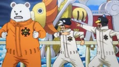 three cartoon characters dressed in white and orange