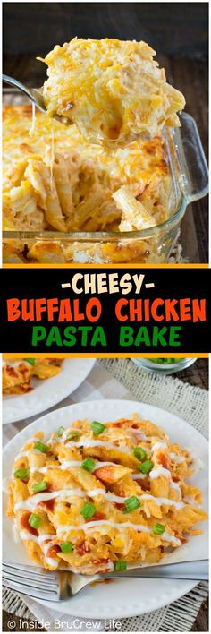 cheesy buffalo chicken pasta bake in a glass casserole dish on a white plate