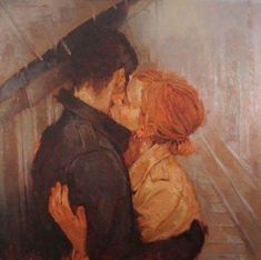 a painting of two people embracing each other in front of an open door, with one woman holding the man's head