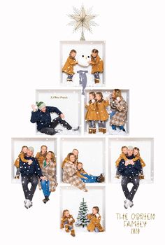 the family is posing in front of a christmas tree with snowflakes on it