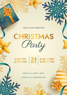 a christmas party flyer with gold and blue snowflakes, presents, and ribbons