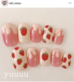 Kawaii Summer Nails, Strawberry Nails Pink, Nail Art Cute Kawaii, Cute Animal Nails, Strawberry Manicure, Nail Strawberry, Kawaii Nail Designs, Nail Art Strawberry, Strawberry Nails Designs