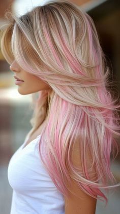 Hair Ideas Long Hair With Pink Highlights, Hair Dye For Blonde Hair, Fall Blonde Hair Ideas, Colored Highlights For Blondes, Colored Tips Hair, Blonde Hair With Pink Streaks, Hair Dye Ideas For Blondes, Unique Hair Ideas, Blonde Hair With Pink Underneath