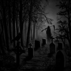 a black and white photo of a cemetery with tombstones in the woods at night