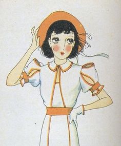 a drawing of a woman wearing a hat and holding her hands on her head with one hand