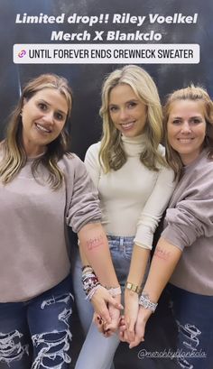 three beautiful women standing next to each other holding hands with the words united drop't riley voelkel merch x blanko