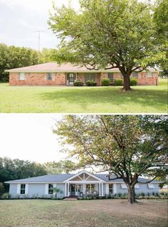 before and after photos of a ranch house in the middle of a field with trees