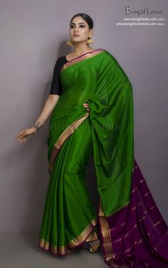 Mysore Crepe Pure Silk Saree in Green, Imperial Purple and Brush Gold