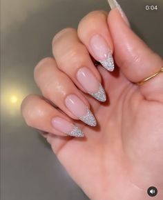 Short Birthday Nails Oval, Almond Shape Nails With Glitter Tips, Sparkly Nails Black Women, Velvet French Tip Nails, Formal Nails Acrylic, Formal Nail Ideas, Sparkly Almond Nails, Glitter French Nails, Glitter Tip Nails