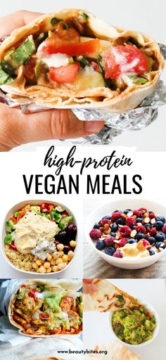 a collage of vegan meals with text overlay that reads high protein vegan meals