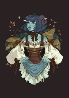 an illustration of a woman with blue hair and horns on her head, sitting in front of