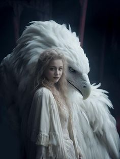 a woman standing next to a large white bird with long feathers on it's head