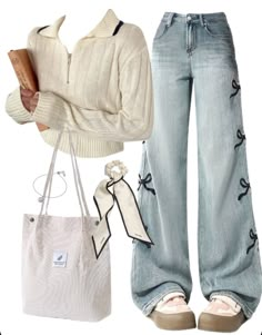 OOTD: Zip Up Sweater + Bow Jeans + Corduroy Tote Bag Bow Outfit Ideas, Sweaters Zip Up, Outfits With Straight Jeans, Cute Clothing Aesthetic, Casual Aesthetic Outfits, Blue Jeans Outfit Winter, Outfit Ideas Teen, Sweater Bow