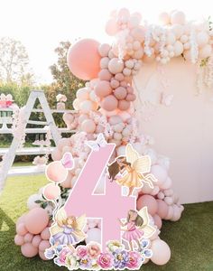 a pink number four surrounded by balloons in the shape of flowers and fairy tale characters