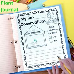 a child's hand holding a pencil over a notebook with the title my day observations