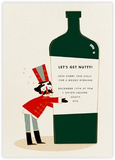 an illustration of a man holding onto a bottle with the caption let's get nutty join harry and sally for a booze evening