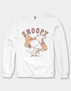 Peanuts Snoopy Giddy Up Unisex Crewneck Sweatshirt. Large Graphic On Front. Crew Neck. Long Sleeve. 50% Cotton, 50% Polyester. Machine Wash.this Item Is Unisex Fit And Sizing.officially Licensed.this Item Is Made To Order And May Take A Few Extra Days To Process. All Other Products In Your Order Will Be Shipped Separately. Snoopy Sweaters, Snoopy Jeans, Peanuts Sweatshirt, Snoopy Sweatshirt, Snoopy Items, Snoopy Sweater, Snoopy Stuff, Overalls Boys, Chino Pants Women