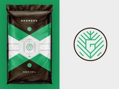 a bag of ground coffee sitting on top of a green and white background next to a brown and white logo