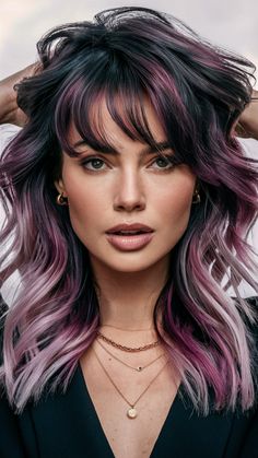 Reddish Purple Balayage, Money Piece Color Ideas, Creative Color Hair Inspiration, Purple Ends Hair, Tousled Lob, Plum Hair Color