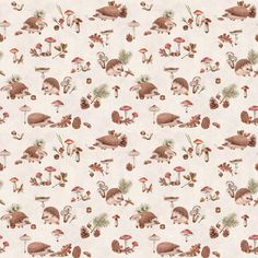 an animal themed wallpaper with mushrooms and pine cones