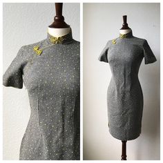 super cute and well made qipao. in perfect condition.size XSbust 32 inwaist 24 inhips 34 inwool Vintage Fitted Gray Dresses, Fitted Vintage Gray Dress, Qipao Crop Top, Green Qipao, Gold Qipao, Yellow Cheongsam, 1930s Polka Dot Dress, Vintage Cafe, Yellow Polka Dot