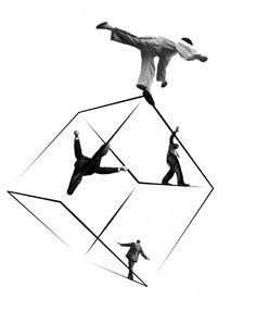 three people doing tricks in the air with their hands on one side and another upside down