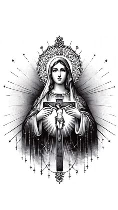 the virgin mary holding a cross with stars around her neck and hands, in black and white