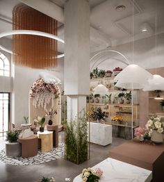 a room filled with lots of plants and flowers on the wall next to a counter