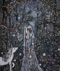 a drawing of a woman with long hair standing next to a white dog in the woods