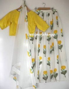 White and yellow hand block print cotton based lehenga choli with dupatta for women indian lehenga I Indian Lengha, Pakistani Lehenga, Lehenga Indian, Indian Salwar, Silk Crop Top, Lengha Choli, Indian Salwar Kameez, Indian Dresses Traditional, Indian Lehenga