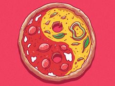 a pizza with different toppings sitting on top of a pink surface next to a red wall