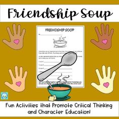 hands and spoons with the words friendship soup on it, in front of a poster