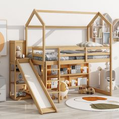 a child's bedroom with a slide and bunk bed