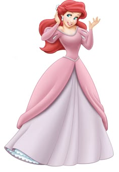 the princess in her pink dress is waving at something with her hand on her hip