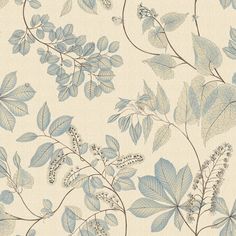 a blue and white wallpaper with leaves on it