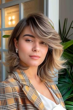 Stylish woman with side-swept bangs and a smooth bob hairstyle. Smooth Bob, New Hair Look, Sweeping Bangs, Sleek Bob