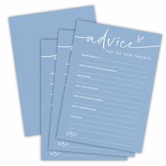 three blue advice cards with the words advice for the new parents written in cursive writing