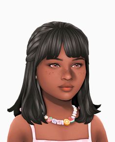 an animated girl with black hair wearing a white tank top and beads on her necklace