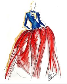 a drawing of a woman in a red, white and blue dress with her hands on her hips